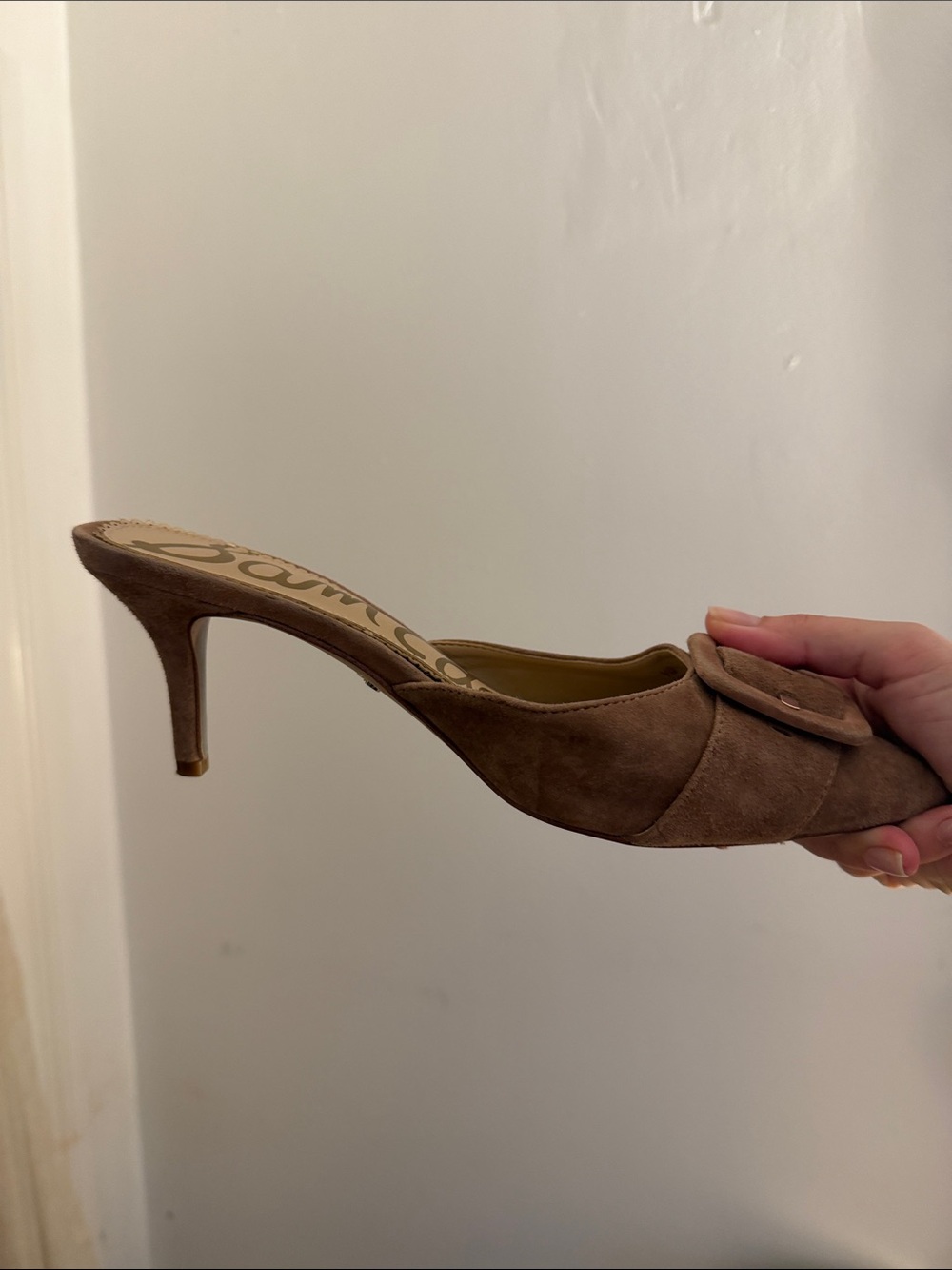 Sam Edelman Taupe Pointed-Toe Suede Buckle Mules - Picture 2 of 2